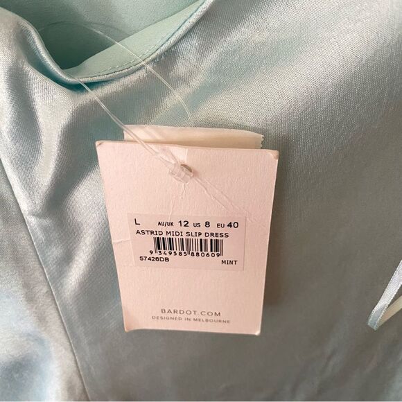 Bardot Astrid Midi Slip Dress in Mint blue satin Revolve New L - Picture 7 of 12
